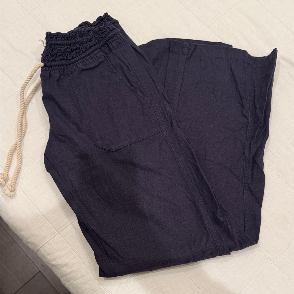 Roxy Navy Linen-Blend Low Rise Beach Pants Relaxed Coastal Summer - Women’s M